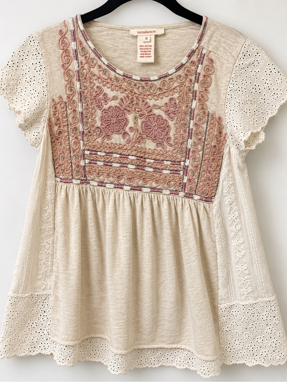 Sundance Cream Embroidered Eyelet Boho Top Size Small